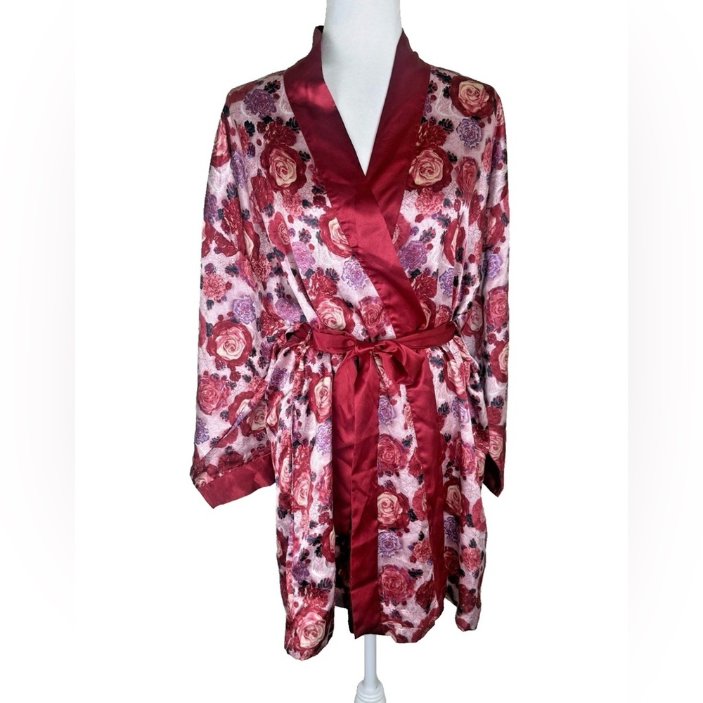 VTG 1980's Faris Red‎ Pink Rose Floral Silky Robe Belted Pockets Small Romantic